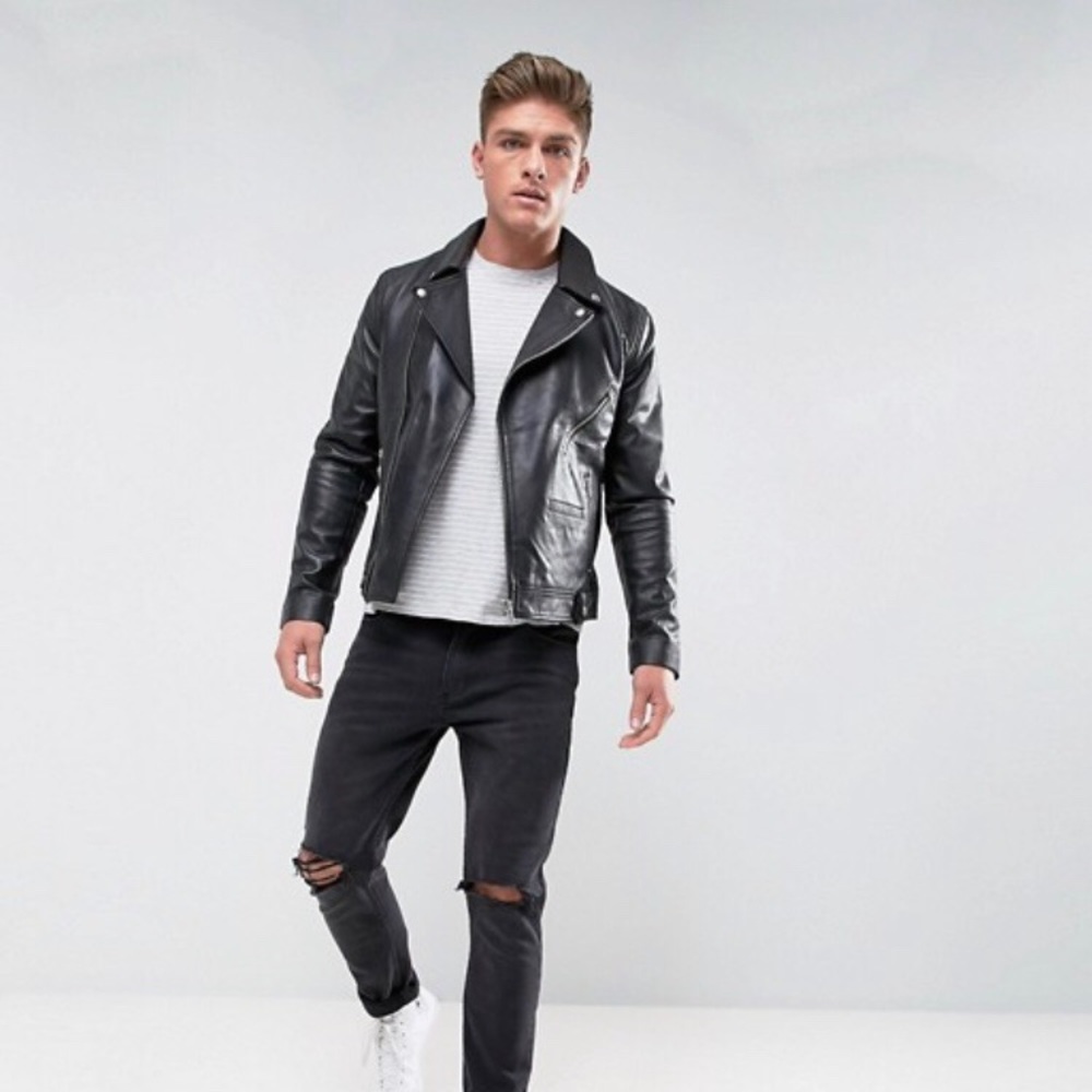 Barneys Originals Real Leather Zipped Biker Jacket